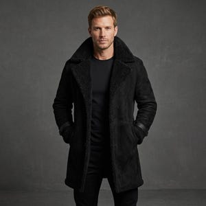 May include: A black mid-length coat featuring a wide lapel collar and interior lining made of textured black shearling. The coat has long sleeves with matching shearling cuffs, a button-front closure, and two side pockets, worn over a black shirt.
