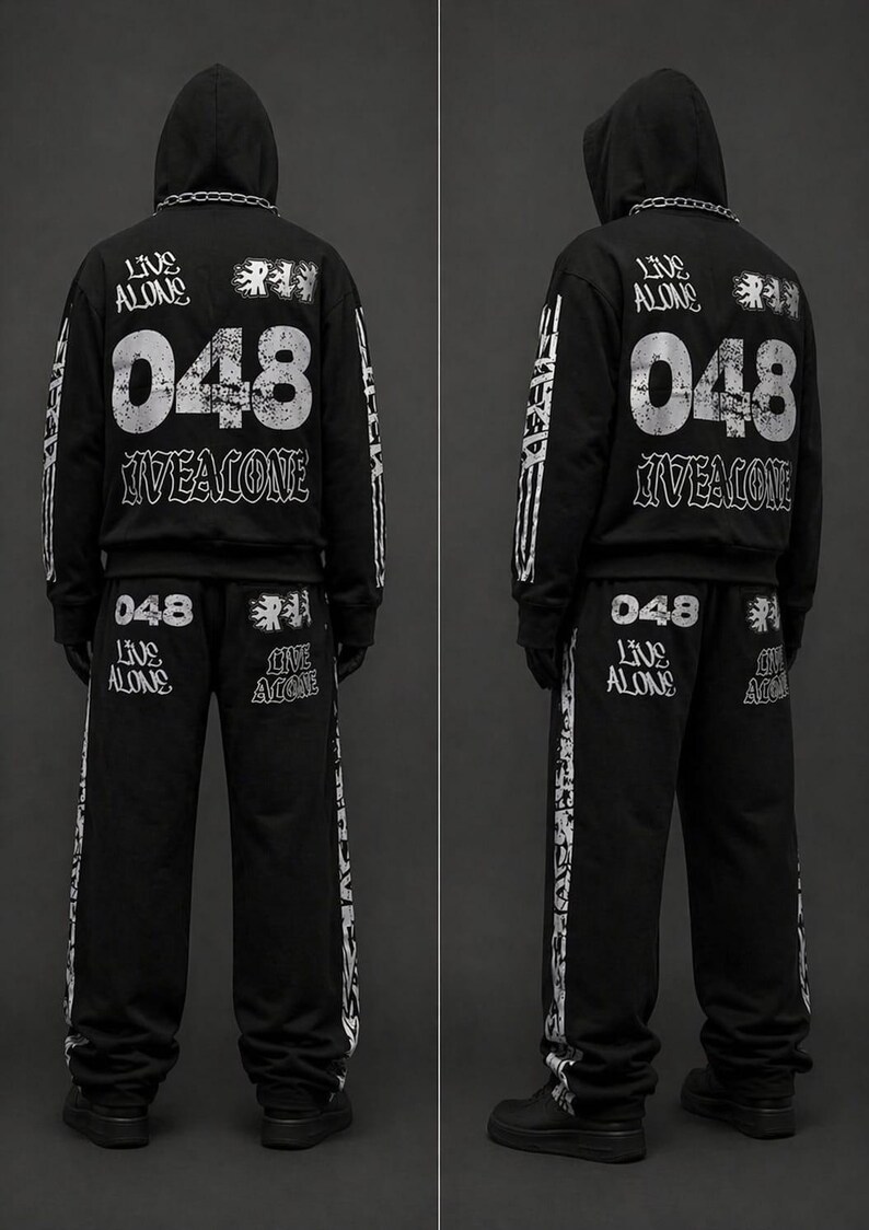 May include: Black hooded sweatshirt and matching sweatpants set. The back of the hoodie features the text "LIVE ALONE", "048", and "IVEALONE". The sweatpants also have the text "048 LIVE ALONE".