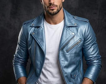 Men Blue Leather Biker Jacket Slim Fit Motorcycle Style Zipper Casual Fashion Streetwear Coat