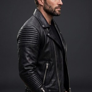 May include: A black leather motorcycle jacket featuring a notched lapel, silver-toned metal zips on the front and cuffs, and quilted padding details on the shoulders and upper sleeves. The jacket is worn over a plain black shirt and dark jeans.