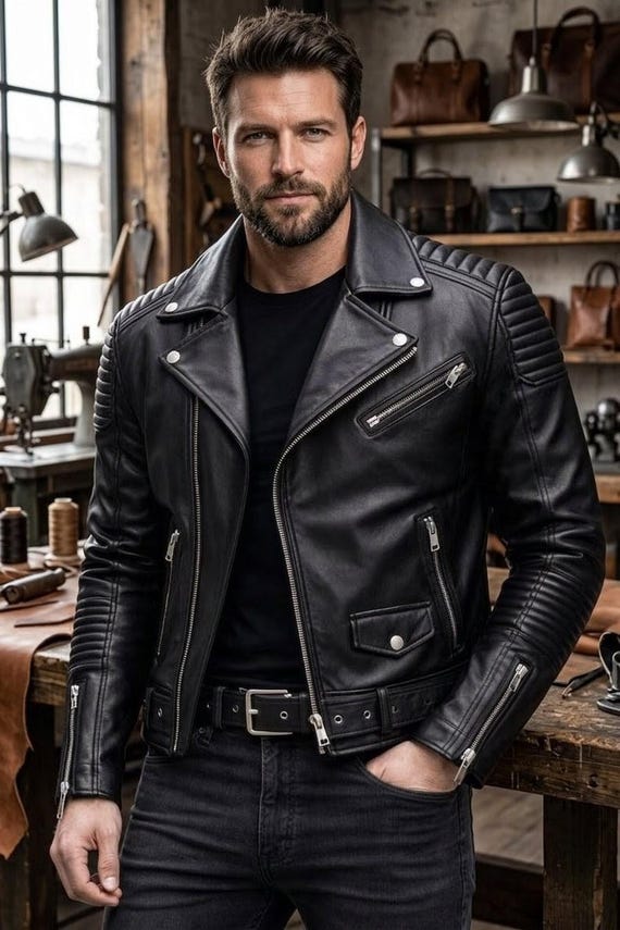 Handmade Black Leather Biker Jacket Men Slim Fit Moto Zipper Motorcycle Jacket