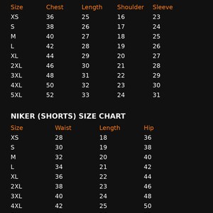 May include: A size chart for Astor Leather hoodies and Niker shorts, displayed on a dark background. The hoodie chart lists chest, length, shoulder, and sleeve measurements in inches. The shorts chart lists waist, length, and hip measurements, also in inches.