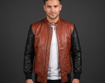 Men Brown Black Leather Jacket Slim Fit Biker Style Casual Streetwear Fashion Jacket