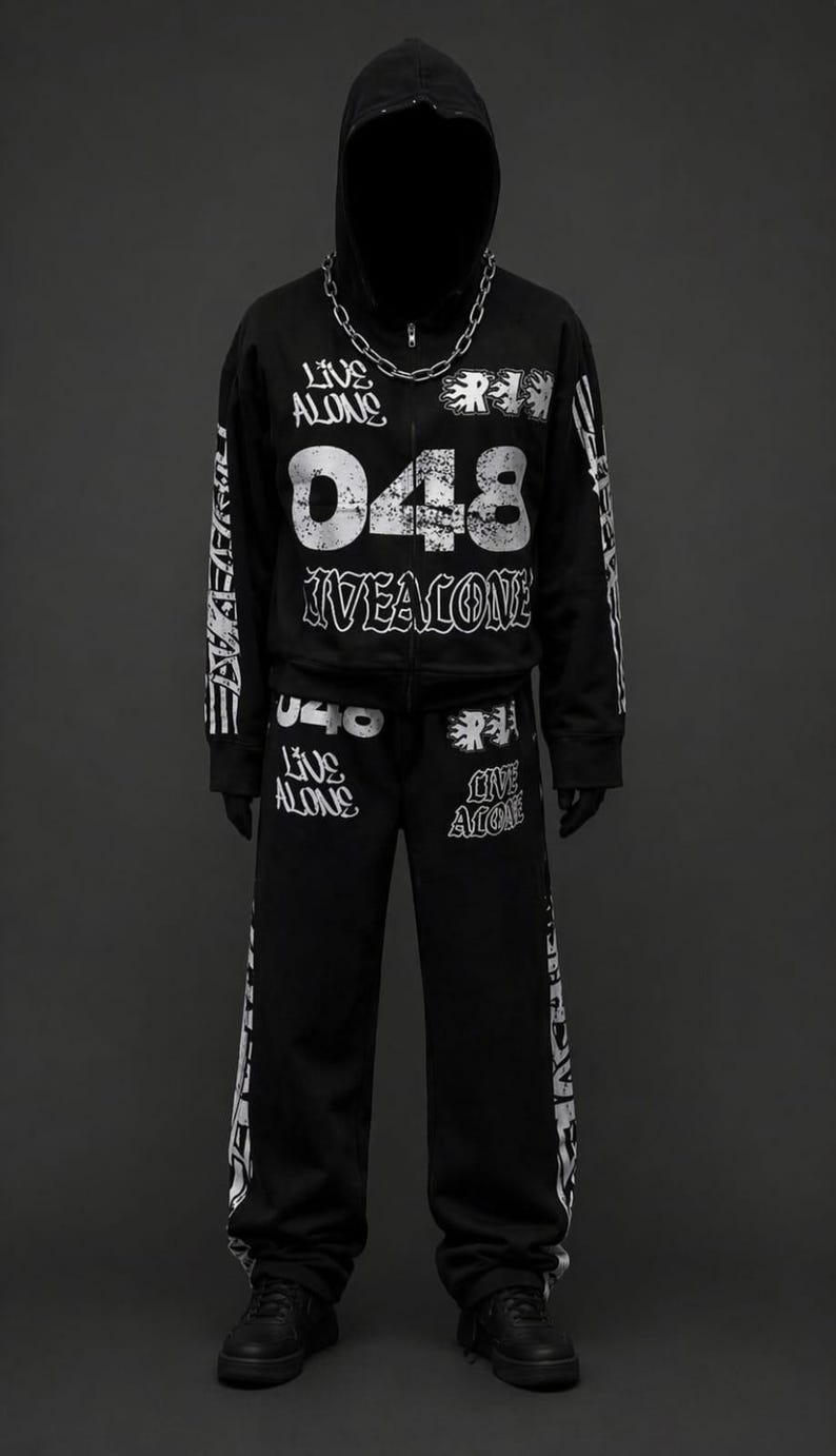 May include: Black hooded sweatshirt and matching sweatpants set. The sweatshirt features the text "LIVE ALONE" and "048 LIVEALONE" in white. A silver chain necklace is worn with the hoodie. The sweatpants also have white text. Black sneakers complete the outfit.