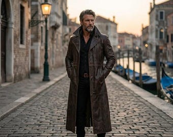 Handmade Dark Brown Leather Trench Coat Men Long Vintage Style Winter Overcoat
