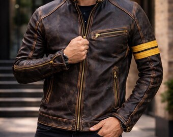 Handmade Distressed Leather Jacket Men Vintage Biker Style Stripe Arm Genuine Leather Coat