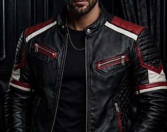 Men's Black Red Biker Leather Jacket Slim Fit Motorcycle Style Quilted Accents