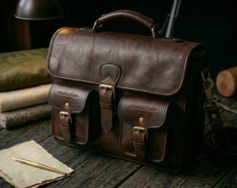 Handmade Vintage Leather Messenger Bag Brown Satchel Unisex Crossbody Travel Work Laptop Carry