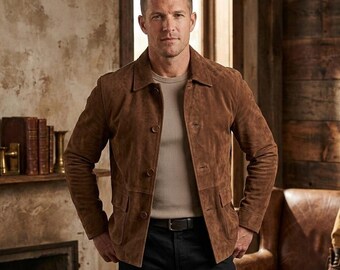 Handmade Men’s Faux Suede Jacket, Vintage Brown Button Coat Casual Classic Outerwear