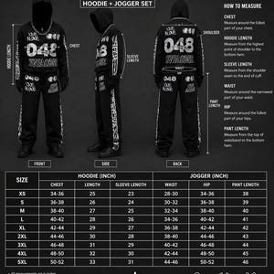 May include: Black and white size chart for a hoodie and jogger set. The chart includes measurements in inches for chest, length, sleeve length, waist, hip, and pant length, with sizes ranging from XS to 5XL. The set is oversized and unisex.