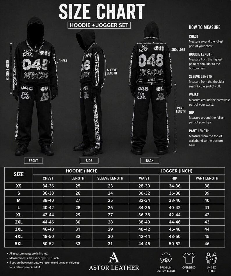 May include: Black and white size chart for a hoodie and jogger set. The chart includes measurements in inches for chest, length, sleeve length, waist, hip, and pant length, with sizes ranging from XS to 5XL. The set is oversized and unisex.