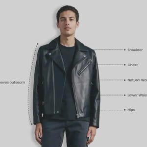 May include: A black leather motorcycle jacket with a notched lapel, silver-tone zip, and angled chest pocket. The image includes measurement labels for sleeves outseam, shoulder, chest, natural waist, lower waist, and hips for sizing.