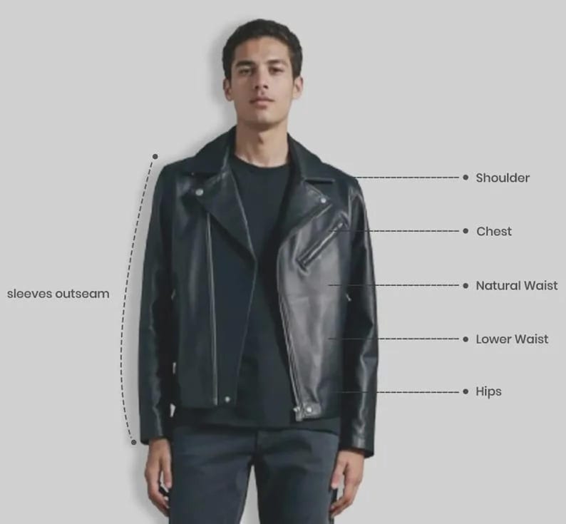 May include: A black leather motorcycle jacket with a notched lapel, silver-tone zip, and angled chest pocket. The image includes measurement labels for sleeves outseam, shoulder, chest, natural waist, lower waist, and hips for sizing.