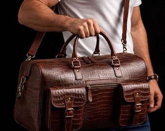 Braune Leder Seesack Krokodil Textur Reise Weekender Sporttasche für Männer
