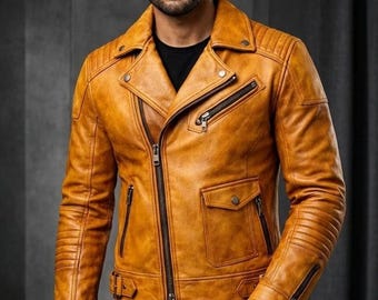 Men Tan Leather Biker Jacket Slim Fit Motorcycle Style Zipper Vintage Casual Fashion Coat