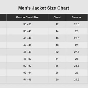 May include: A jacket size chart titled Jacket Size Chart with columns for Size, Person Chest Size, Chest, Sleeves, and Shoulder. The table lists sizes from XSmall (XS) to XLarge (5XL) with corresponding numerical measurements in inches for each category.