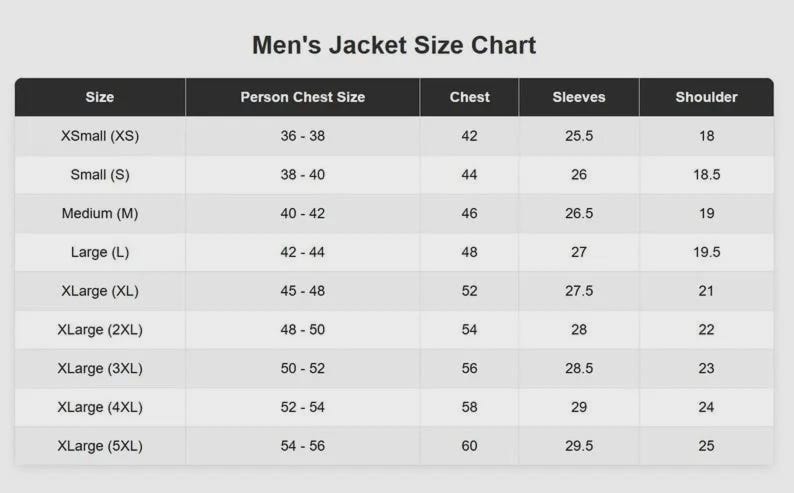 May include: A jacket size chart titled Jacket Size Chart with columns for Size, Person Chest Size, Chest, Sleeves, and Shoulder. The table lists sizes from XSmall (XS) to XLarge (5XL) with corresponding numerical measurements in inches for each category.