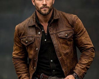 Handmade Men Brown Leather Jacket Vintage Trucker Style Rugged Coat