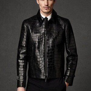 Mens Croc Embossed Leather Jacket Black Slim Fit Zip Up Coat