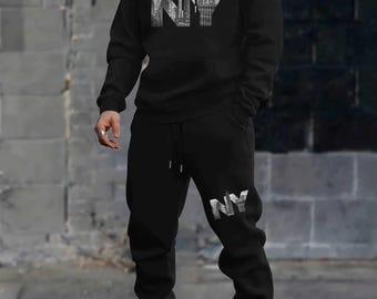 Men’s NY Black Tracksuit Hoodie Trouser Streetwear Casual Outfit