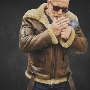 Men Brown Shearling Jacket Aviator Style Fur Lined Winter Leather Look Warm Coat