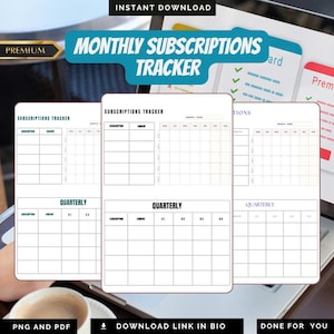 May include: A digital download featuring a monthly subscriptions tracker. The design includes a teal banner with the text "MONTHLY SUBSCRIPTIONS TRACKER". The tracker has sections for subscriptions, amounts, and quarterly tracking.