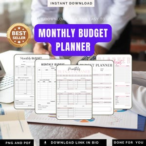 May include: Several printable monthly budget planners are displayed, with a purple banner stating "MONTHLY BUDGET PLANNER". The planners feature white and pink designs, with the words "Monthly Budget" visible. The image also includes the text "PNG AND PDF" and "DOWNLOAD LINK IN BIO".