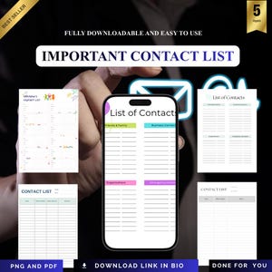 Op de afbeelding: Een smartphone met een sjabloon "Contactenlijst", vastgehouden in een hand. De afbeelding toont ook verschillende contactlijstsjablonen, waaronder "Kindercontactlijst" en een algemene "Contactlijst"-indeling. De tekst "Belangrijke contactenlijst" wordt weergegeven.