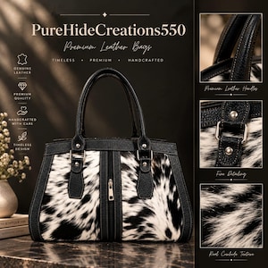 May include: A black and white cowhide handbag with black leather trim, dual handles, and a central vertical zipper. The bag features silver-tone hardware, including rivets and a zipper pull. Text on the image reads PureHideCreations550.