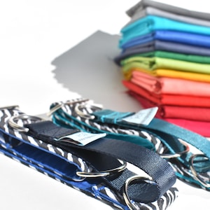 May include: Dog collars in various colors and patterns, including a black and white zebra stripe, navy blue, and teal. A stack of colorful fabric in shades of red, orange, yellow, green, blue, and gray is in the background.