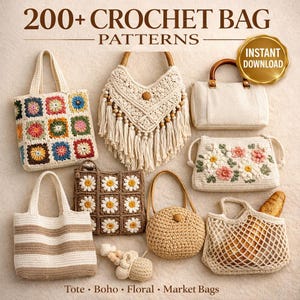 Puede incluir: Una variedad de bolsos de ganchillo en varios estilos, incluyendo bolsos tote, bohemios, florales y de mercado. La imagen presenta bolsos con patrones cuadrados coloridos, motivos de margaritas, flecos y un diseño redondo y tejido. El texto dice "200+ Crochet Bag Patterns."