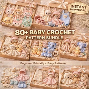 May include: A selection of crochet baby patterns, including bibs, stuffed toys, and clothing, displayed in gift boxes. The image showcases a range of pastel colours, such as pink, blue, and yellow. Text on the image reads "80+ BABY CROCHET PATTERN BUNDLE" and "INSTANT DOWNLOAD".