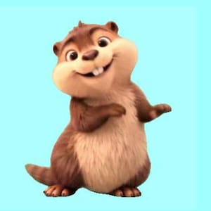 May include: A cartoon illustration of a smiling chipmunk with brown fur, a tan belly, and a small tail. The chipmunk has large cheeks, two front teeth, and is set against a light blue background.