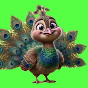 May include: A cartoon peacock with a brown body, a blue and green chest, and a fan of feathers in shades of brown, blue, and gold. The peacock has a crest of feathers on its head and is set against a green background.