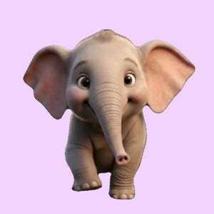 May include: A digitally rendered, smiling baby elephant with large ears and a long trunk. The elephant is light gray with pink accents on the ears and cheeks. It is set against a light purple background.