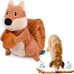 Crinkle Dog Toy Plush Toy - Long Tug-of-War Squeaky Dog Toy Boredom Buster Toys with Snack Pockets - Squirrel