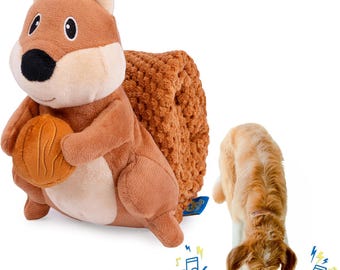 Crinkle Dog Toy Plush Toy - Long Tug-of-War Squeaky Dog Toy Boredom Buster Toys with Snack Pockets - Squirrel