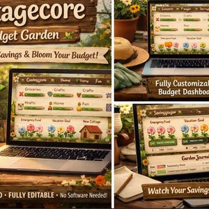 May include: A digital budget dashboard displayed on a laptop screen with a garden theme. The interface features editable categories, growable plant icons, and savings trackers. Text includes Cottagecore Budget Garden, Grow Your Savings & Bloom Your Budget, and Fully Customizable Budget Dashboard.