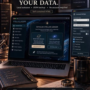 Stellar Ledger Budget Hub | Sci‑Fi HTML Planner | Savings, Debt, Net Worth & Goals Tracker
