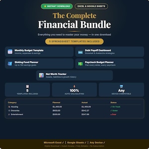 May include: A digital financial bundle for Excel and Google Sheets titled The Complete Financial Bundle. It includes five templates: Monthly Budget, Debt Payoff, Sinking Fund, Paycheck Budget, and Net Worth Tracker, featuring auto-calculating tables.