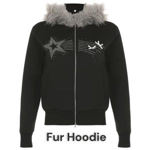 Sudadera con capucha y cremallera con cuello de piel y estampado de estrellas Y2K para mujer, estilo urbano, chaqueta de moda, abrigo patchwork