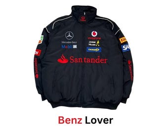 Vintage Mercedes-racejack F1 geïnspireerd door Santander geborduurd motorsport Streetwear, uniseks jack met rits