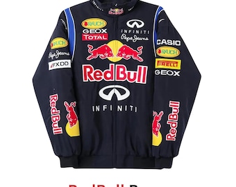 Jaqueta vintage Red Bull Racing inspirada na Fórmula 1, com bordados, estilo streetwear automobilístico, fechamento em zíper, unissex.
