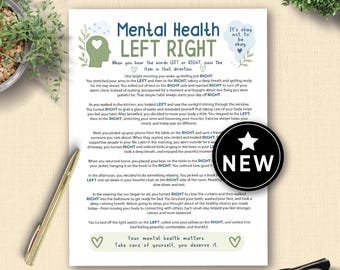 May include: A printed paper with the words "Mental Health LEFT RIGHT" in green and blue. The text encourages self-care and mindfulness. A black circle with "NEW" in white is on the right side.
