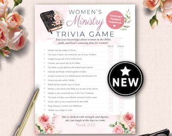 May include: A Women's Ministry Trivia Game sheet with floral accents. The sheet includes trivia questions about women in the Bible, with true/false answer options. A gold pen and glasses are in the image.