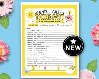 May include: A yellow Mental Health Think Fast activity sheet with fill-in-the-blank prompts. The sheet includes the text "A fun social-emotional activity!" and a "NEW" sticker. The background is light blue with pink flowers.