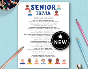 May include: A white paper sheet titled SENIOR TRIVIA in blue text, featuring multiple-choice questions about geography, science, and sports. The page is decorated with colorful illustrations of diverse seniors and includes a black circular NEW badge.