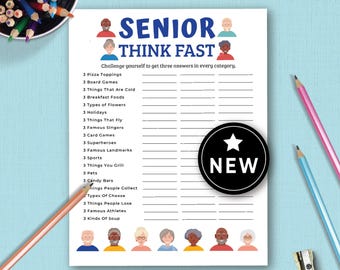 May include: A white game sheet titled Senior Think Fast with blue text and illustrations of diverse seniors. The list includes categories like Pizza Toppings and Board Games with blank lines for answers and a black circular sticker labeled NEW.