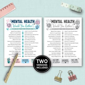 May include: Two printed sheets titled Mental Health Would You Rather with lists of choices, featuring a pink ruler, gold pen, two binder clips, and patterned tape. The sheets include text like Be Kind To Your Mind and You Matter, with a brain icon.