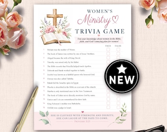 May include: A Women's Ministry trivia game sheet with a floral cross and open book design. The sheet includes trivia questions about women in the Bible, with true or false answer options. A black circle with a white star and the word "NEW" is on the right.